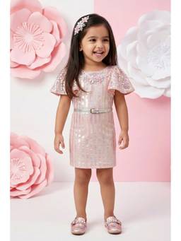 TINY GIRL - Flared Sleeves Sequin Stripe Detail Dress- Peach