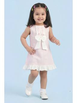 TINY GIRL - Sleeveless Stripe Printed Bow Detail Dress- Pink