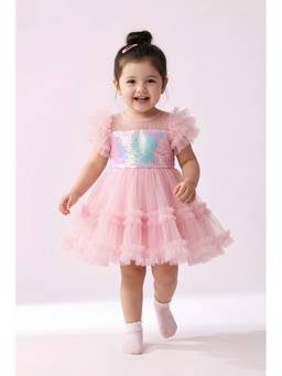 TINY GIRL - Ruffle Detil Sleeves Detail With Sequin Dress- Peach