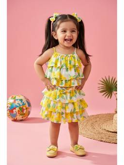 TINY GIRL - Sleeveless Floral Printed Top And Skirt - Yellow