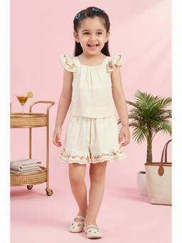 TINY GIRL - Flared Sleeves Floral Embroidered Top And Shorts - Cream
