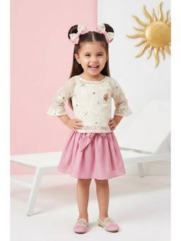 TINY GIRL - Three Fourth Sleeves Floral Embroidered Top And Solid Skirt - Onion Pink