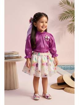 TINY GIRL - Three Fourth Sleeves Corsage Detail Top And Floral Printed Skirt- Purple