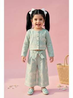 TINY GIRL - Floral Embroidered Co-Ord Set- Pista Green