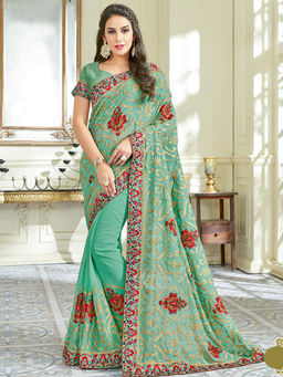 Odette - Aqua Green Georgette Designer Saree with Unstitched Blouse