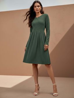 Outzidr - Olive Textured Rib Skater Dress