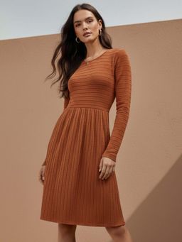 Outzidr - Rust Textured Rib Skater Dress