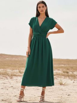 Outzidr - Olive Plunge Neck Twisted Knot Waist Detail Dress