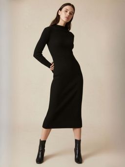 Outzidr - Black High Neck Sweater Dress
