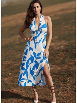 Outzidr - White Halter Neck Printed Flared Dress