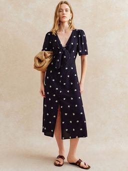 Outzidr - Navy Blue Short Sleeve V Neck Front Slit Dress