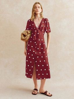 Outzidr - Maroon Short Sleeve V Neck Front Slit Dress