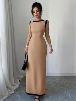 Outzidr - Beige Contrast Detail Dress