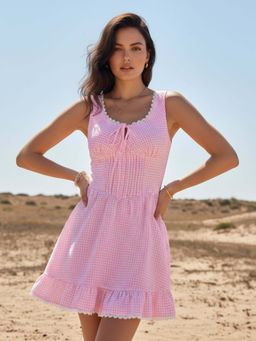 Outzidr - Pink Patterned Bustier Dress With Frilled Hem