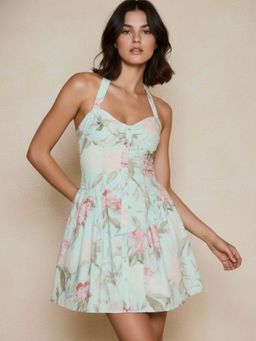 Outzidr - Mint Floral Printed Halter Neck Dress