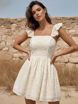 Outzidr - Off White Ruffle Sleeve Textured Fabric Dress