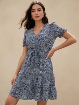 Outzidr - Blue Puff Sleeve Waist Tie-Up Dress