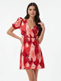 Outzidr - Red Puff Sleeve Wrap Printed Dress