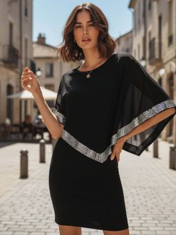 Outzidr - Black Cape Styled Sequined Border Dress