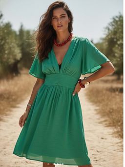 Outzidr - Green Flutter Sleeved Cinched Waist Dress