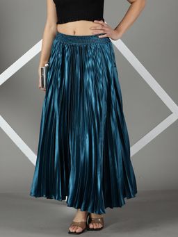 SHOWOFFFF - Women's Solid Teal Satin Flared Skirt