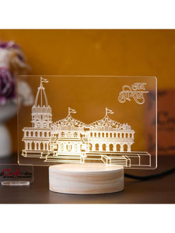 eCraftIndia - Acrylic & Wood Base Shri Ram Mandir Ayodhya Temple Decorated Table Lamp White