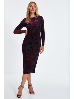 Quiz Clothing - Red Berry Floral Devore Long Sleeve Midi Dress
