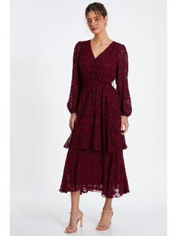 Quiz Clothing - Red Berry Jacquard Tiered Midi Dress with Belt (Set of 2)