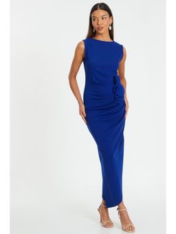 Quiz Clothing - Royal Blue Scuba Crepe Boat Neck Ruched Floral Asymmetric Maxi Dress