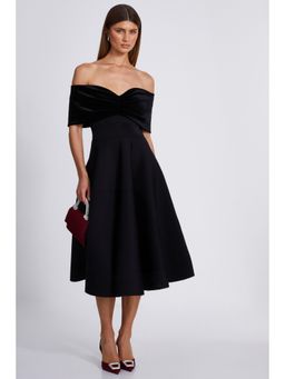 Quiz Clothing - Black Velvet and Scuba Foam Bardot Skater Midi Dress