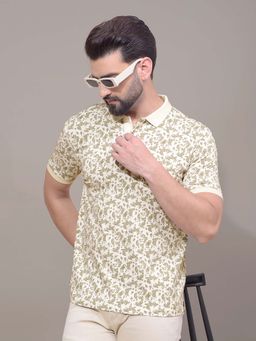 CRIMSOUNE CLUB - Men Olive Floral Print Polo T-Shirt