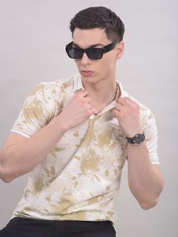 CRIMSOUNE CLUB - Peach Men Floral Print Polo T-Shirt