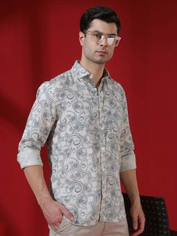 CRIMSOUNE CLUB - Mens Blue Floral Print Linen Short Kurta