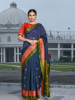 Beatitude - Navy Blue Shade Cotton Woven Saree with Unstitched Blouse
