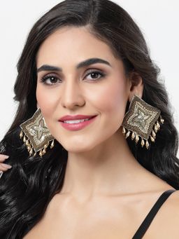 Moedbuille - Sequins & Pearls Studded Contemporary Tasselled Design Gold Plated Stud Earrings