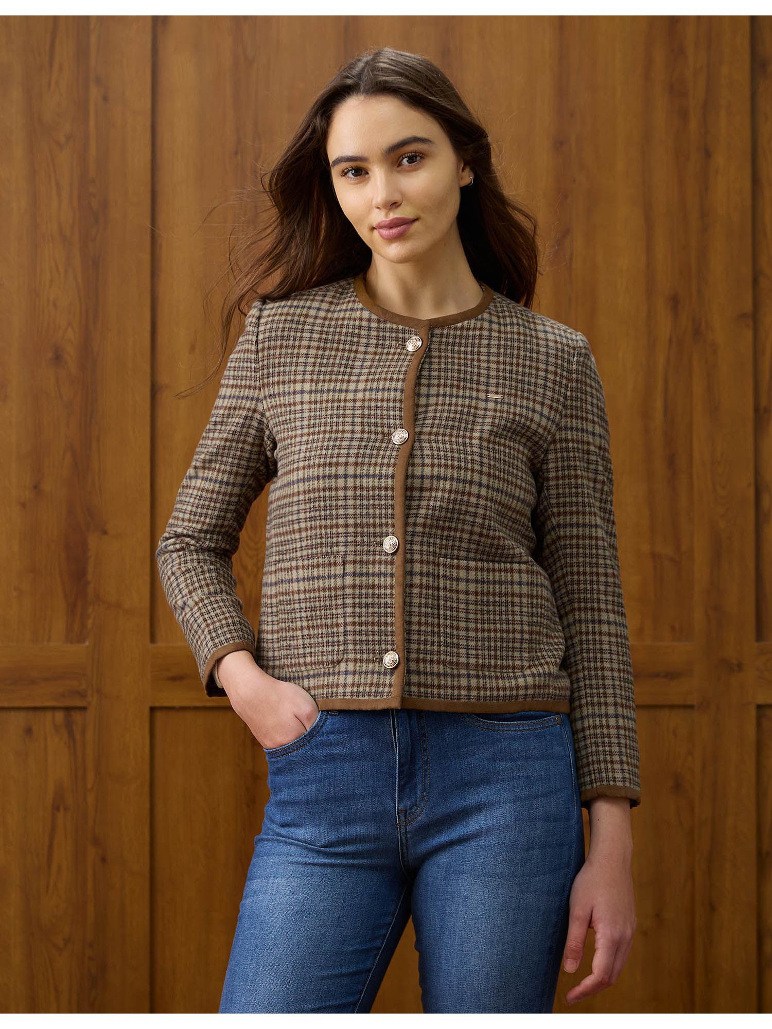 Brown Checked Regular Fit Round Neck Jacket-picture-44