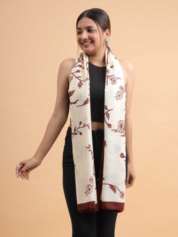 Moda Chales - Women Cream Floral Botanical Print Soft Viscose Cotton Long Scarf