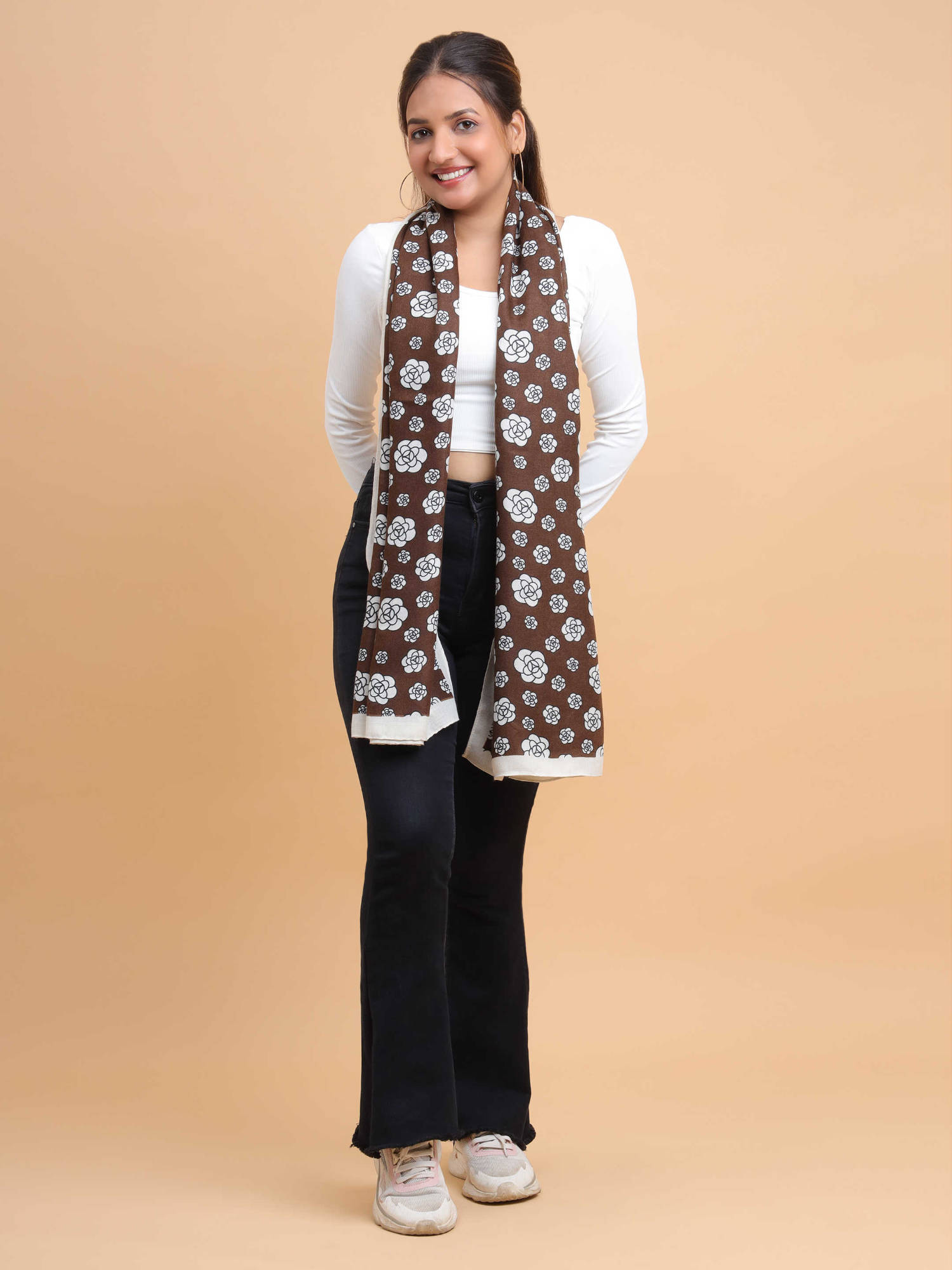 moda chales Women Brown Floral Motif Soft Viscose Cotton Long Scarf-picture-14
