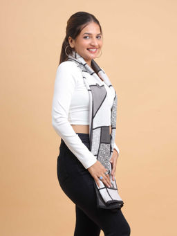 Moda Chales - Women Grey Geometric Patchwork Soft Viscose Cotton Long Scarf