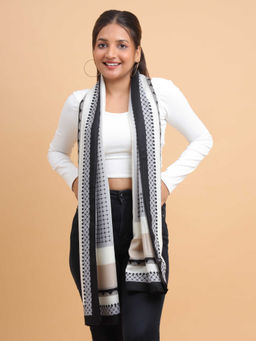 Moda Chales - Women Grey & Beige Printed Border Soft Viscose Cotton Long Scarf