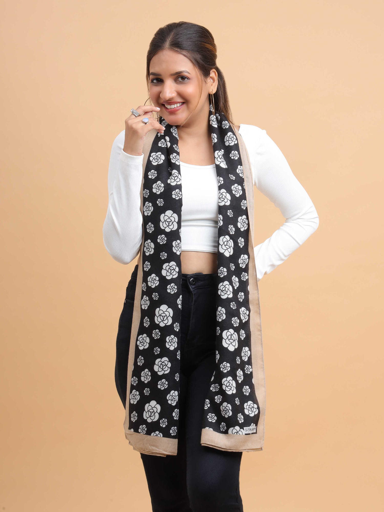 moda chales Women Black Floral Motif Soft Viscose Cotton Long Scarf-picture-35