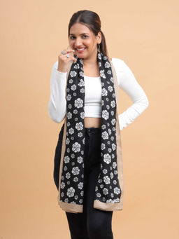 Moda Chales - Women Black Floral Motif Soft Viscose Cotton Long Scarf