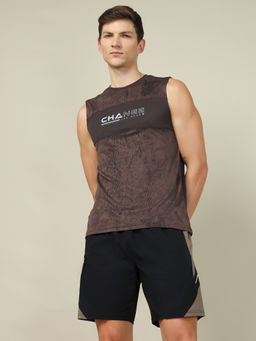 Technosport - Brown Men Printed Slim Fit Round Neck Sports Tank Top With Technocool+