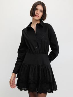 Pomelo - Shirt Dress with Ruffled Lace Hem Black