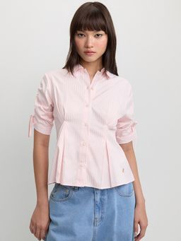 Pomelo - Gathered Sleeves Button-Up Blouse - Pink