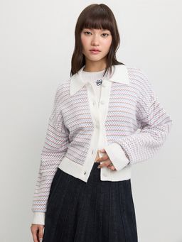 Pomelo - Oversized Cropped Button-Up Striped Collared Cardigan