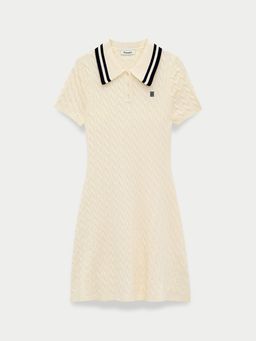 Pomelo - Contrast Trim Collar Cable Knit Short Sleeve Polo Dress - Ivory