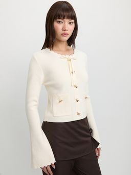 Pomelo - Button-Front Long Sleeve Wavy Hem Crop Top Off-White