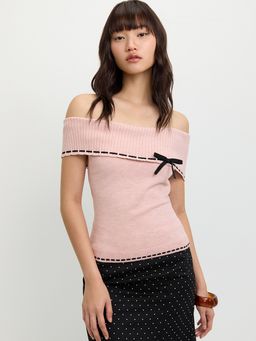 Pomelo - Tie-Front Off-Shoulder Ribbon Trim Knitted Top Pink