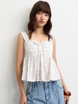 Pomelo - Tie-Front Peplum Floral Top with Ruched Detail Off-White